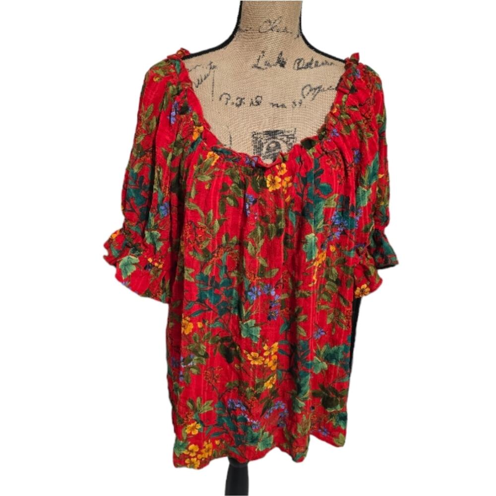 Chenault Red Yellow & Green Floral Off Shoulder Blouse Plus Size 2X 3X‎ New!